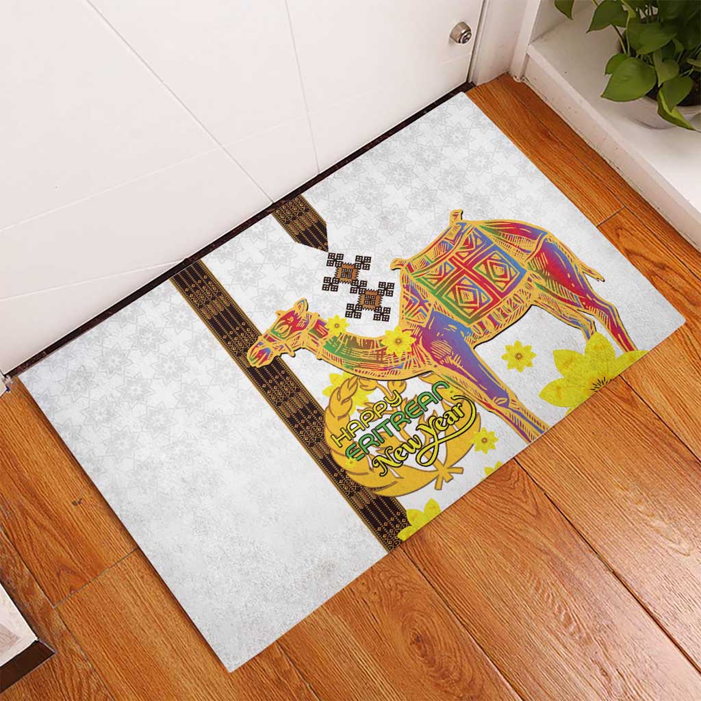 Happy Eritrea New Year Rubber Doormat Adey Abeba Flower With Habesha Tilet Pattern - Wonder Print Shop