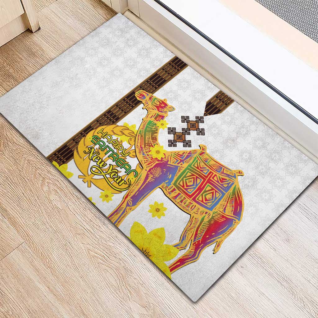 Happy Eritrea New Year Rubber Doormat Adey Abeba Flower With Habesha Tilet Pattern - Wonder Print Shop