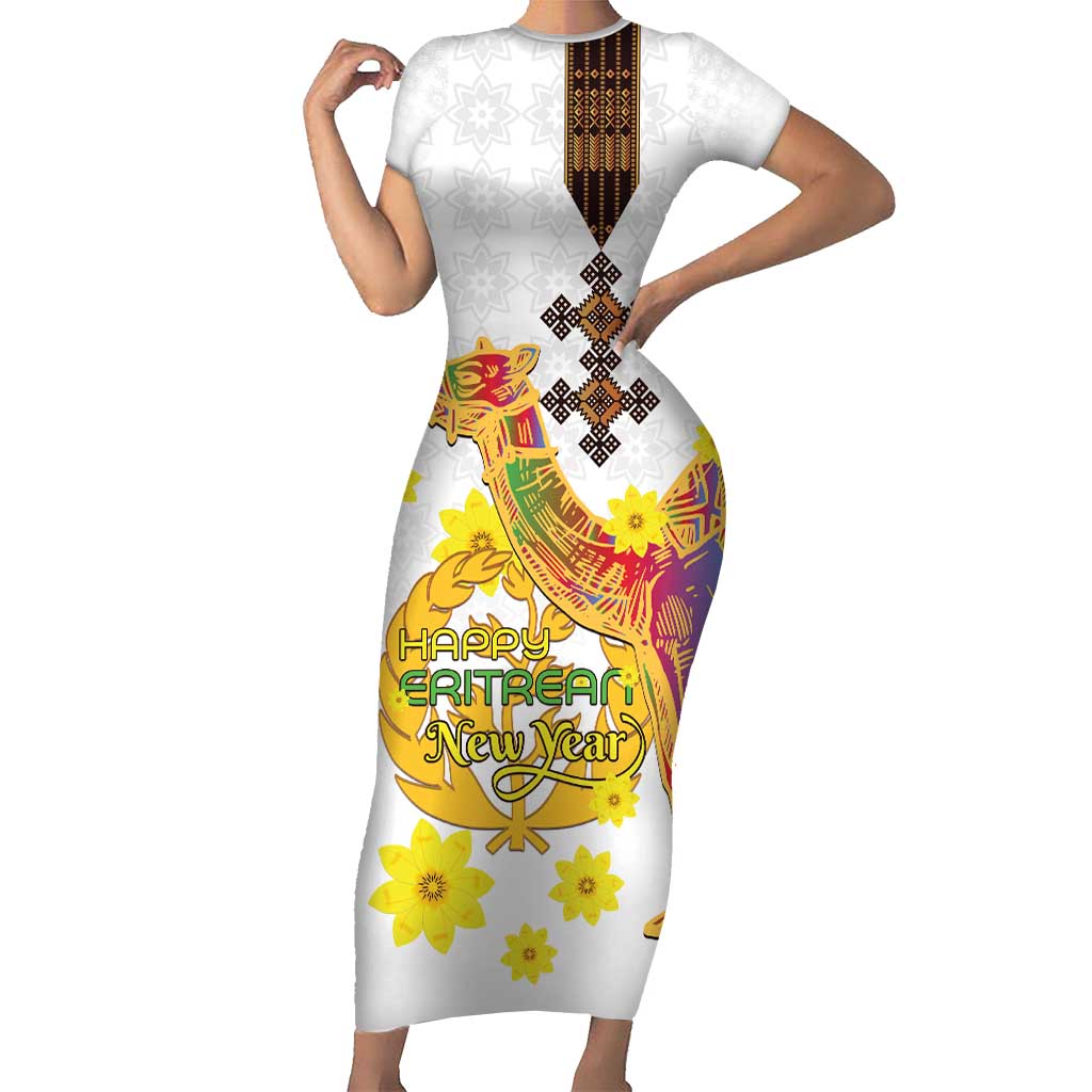 Happy Eritrea New Year Short Sleeve Bodycon Dress Adey Abeba Flower With Habesha Tilet Pattern - Wonder Print Shop