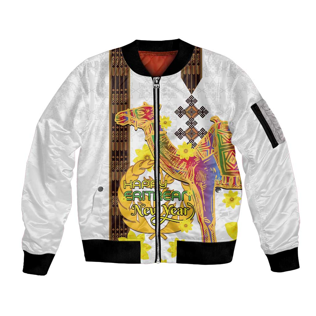 Happy Eritrea New Year Sleeve Zip Bomber Jacket Adey Abeba Flower With Habesha Tilet Pattern - Wonder Print Shop