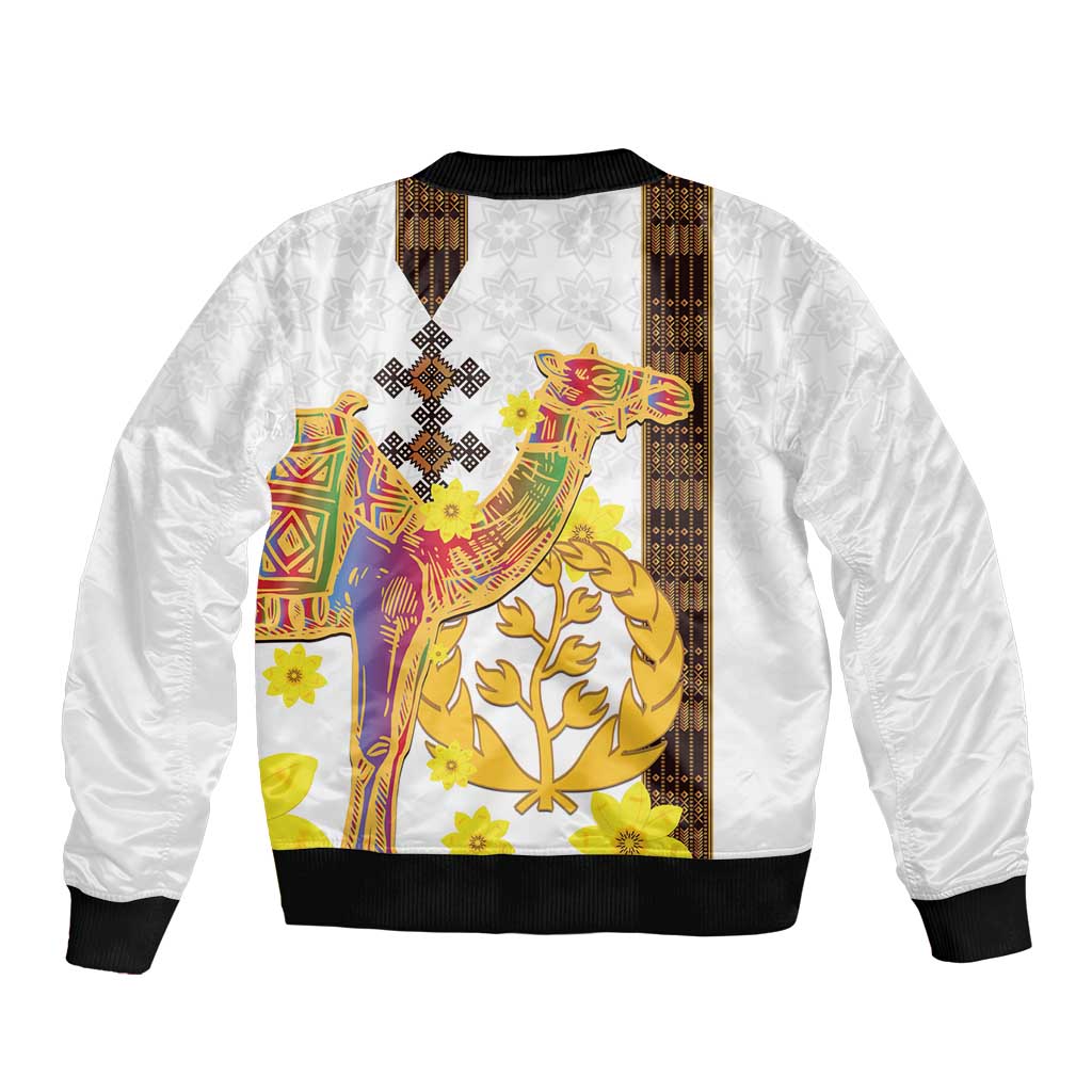 Happy Eritrea New Year Sleeve Zip Bomber Jacket Adey Abeba Flower With Habesha Tilet Pattern - Wonder Print Shop