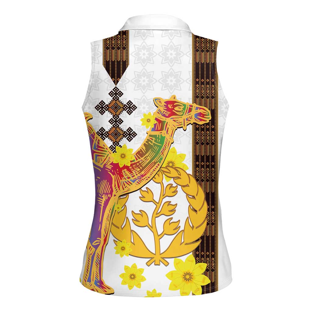 Happy Eritrea New Year Women Sleeveless Polo Shirt Adey Abeba Flower With Habesha Tilet Pattern - Wonder Print Shop