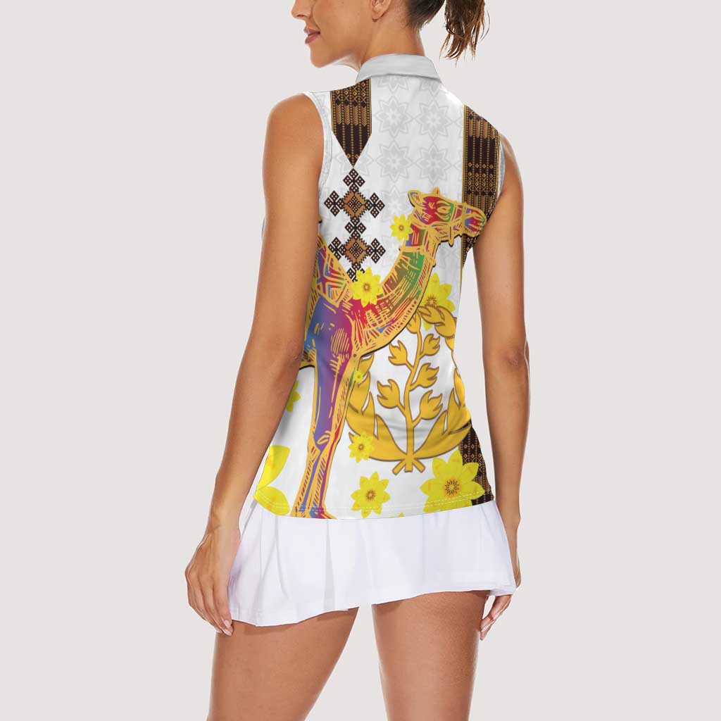 Happy Eritrea New Year Women Sleeveless Polo Shirt Adey Abeba Flower With Habesha Tilet Pattern - Wonder Print Shop