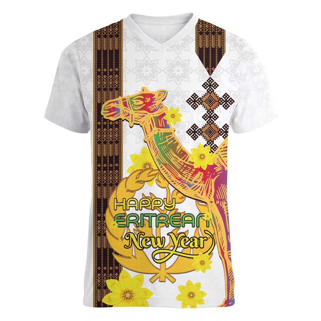 Happy Eritrea New Year Women V-Neck T-Shirt Adey Abeba Flower With Habesha Tilet Pattern - Wonder Print Shop
