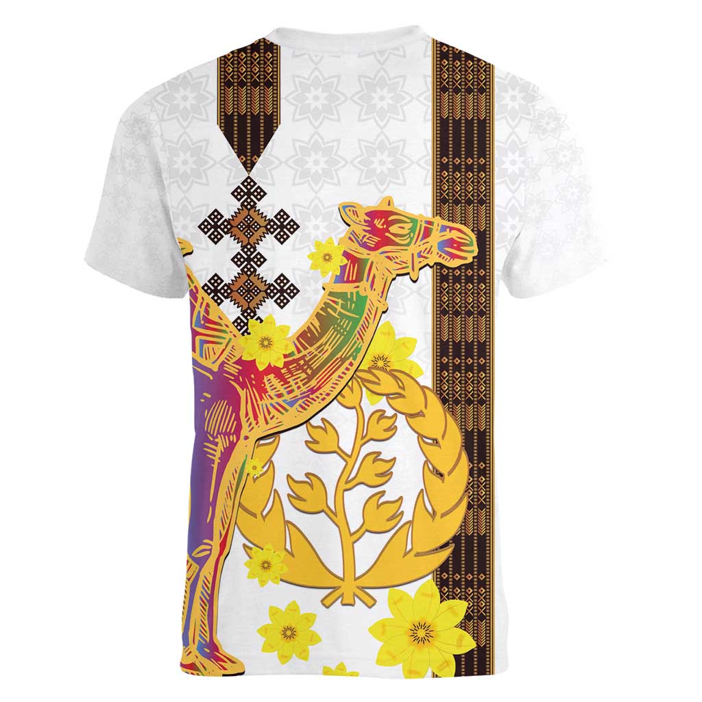 Happy Eritrea New Year Women V-Neck T-Shirt Adey Abeba Flower With Habesha Tilet Pattern - Wonder Print Shop