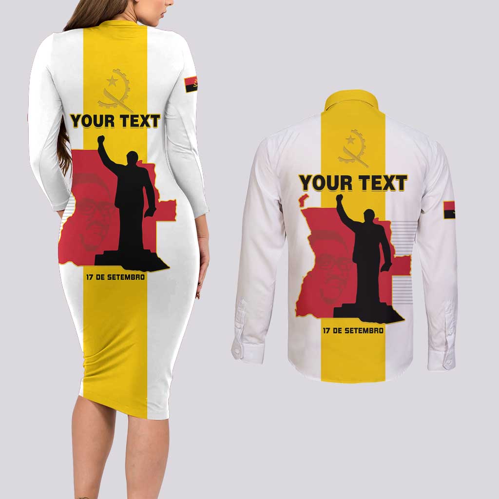 Personalized Angola National Heroes Day Couples Matching Long Sleeve Bodycon Dress and Long Sleeve Button Shirt Agostinho Neto With Map - Wonder Print Shop