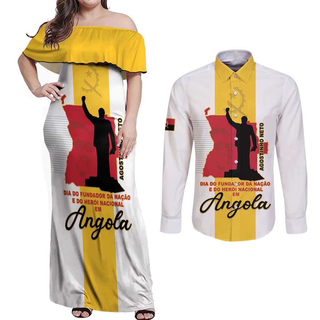 Personalized Angola National Heroes Day Couples Matching Off Shoulder Maxi Dress and Long Sleeve Button Shirt Agostinho Neto With Map - Wonder Print Shop