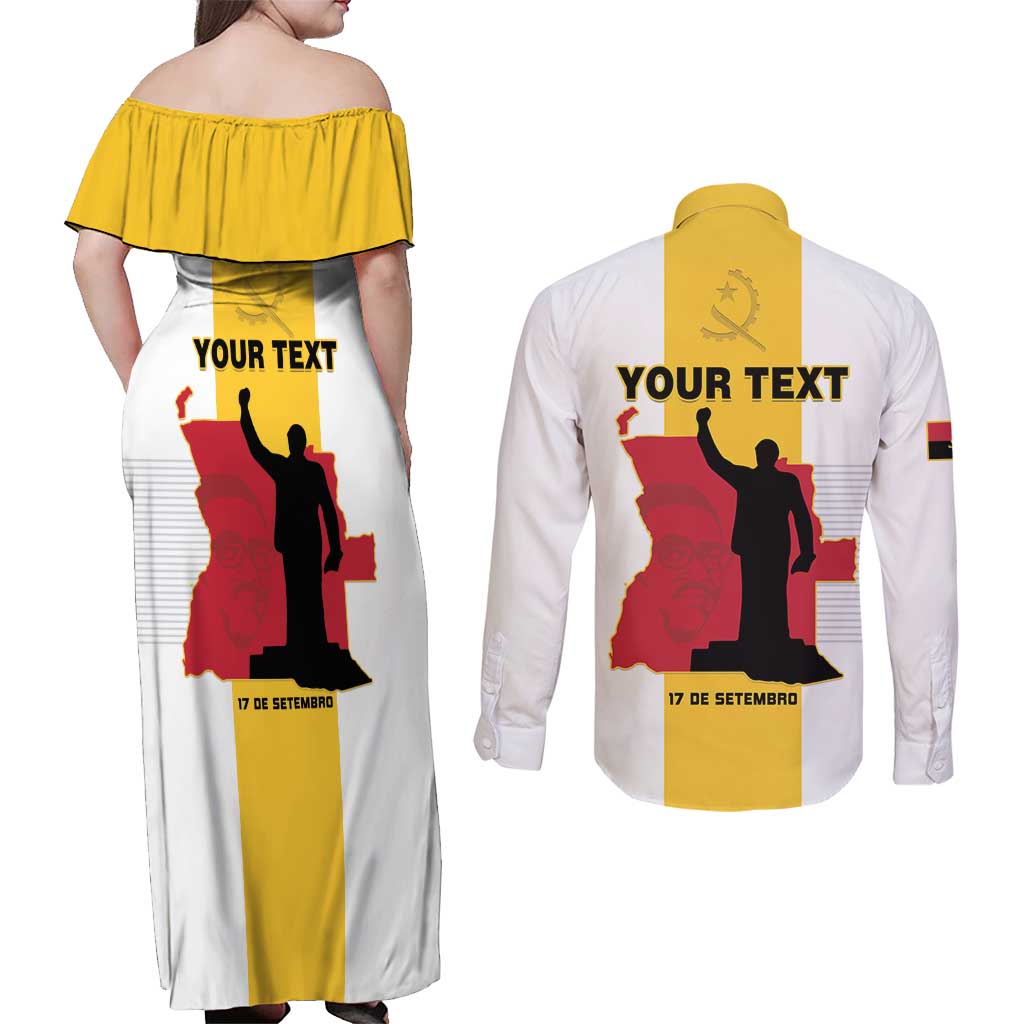 Personalized Angola National Heroes Day Couples Matching Off Shoulder Maxi Dress and Long Sleeve Button Shirt Agostinho Neto With Map - Wonder Print Shop