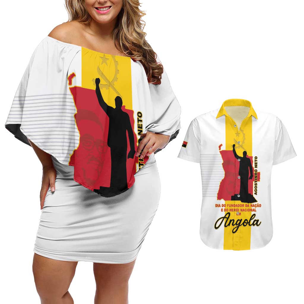Personalized Angola National Heroes Day Couples Matching Off Shoulder Short Dress and Hawaiian Shirt Agostinho Neto With Map - Wonder Print Shop