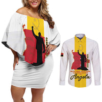 Personalized Angola National Heroes Day Couples Matching Off Shoulder Short Dress and Long Sleeve Button Shirt Agostinho Neto With Map - Wonder Print Shop