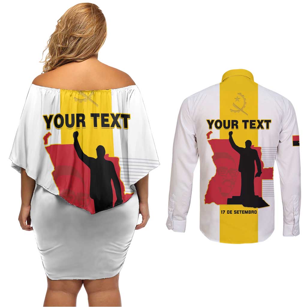 Personalized Angola National Heroes Day Couples Matching Off Shoulder Short Dress and Long Sleeve Button Shirt Agostinho Neto With Map - Wonder Print Shop