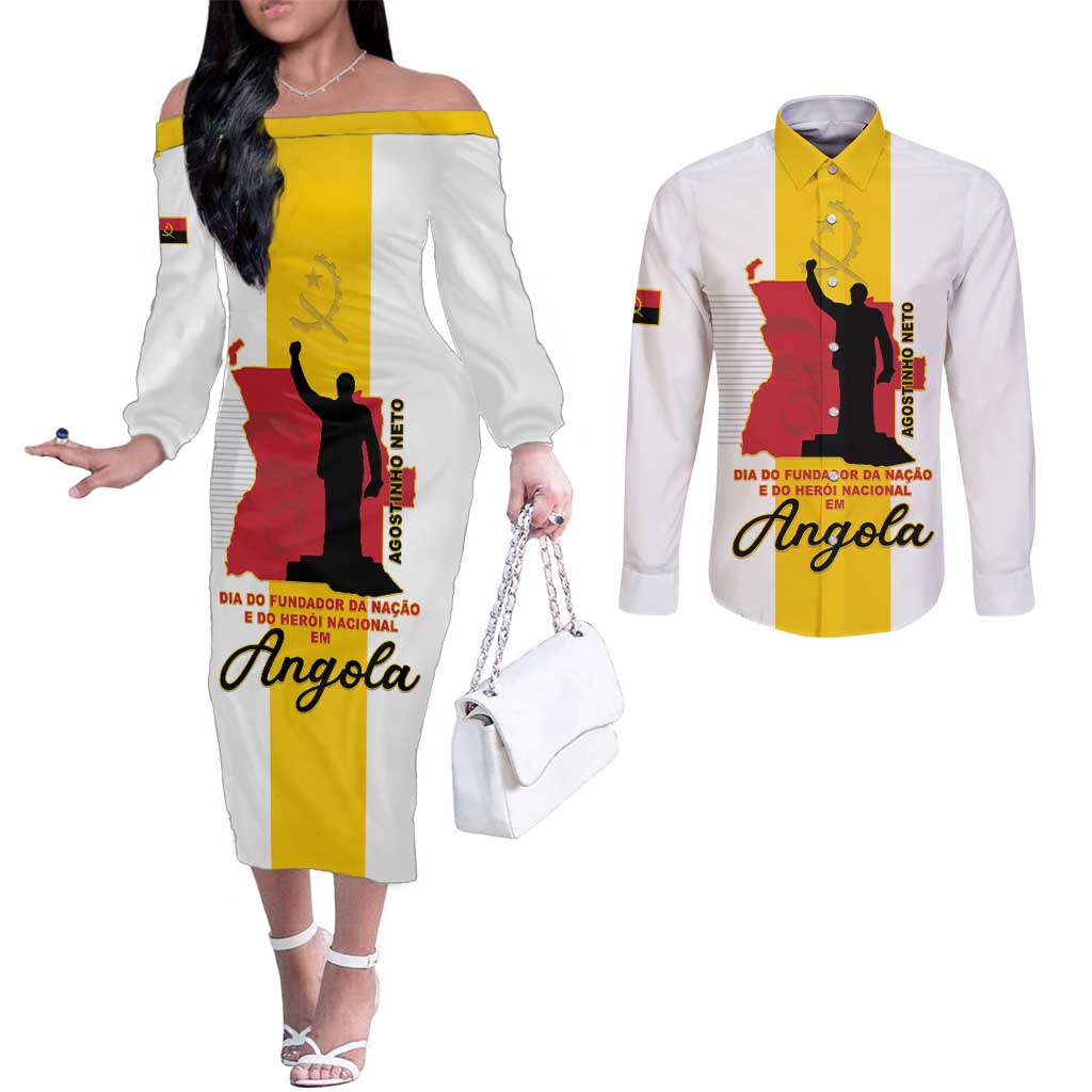Personalized Angola National Heroes Day Couples Matching Off The Shoulder Long Sleeve Dress and Long Sleeve Button Shirt Agostinho Neto With Map - Wonder Print Shop