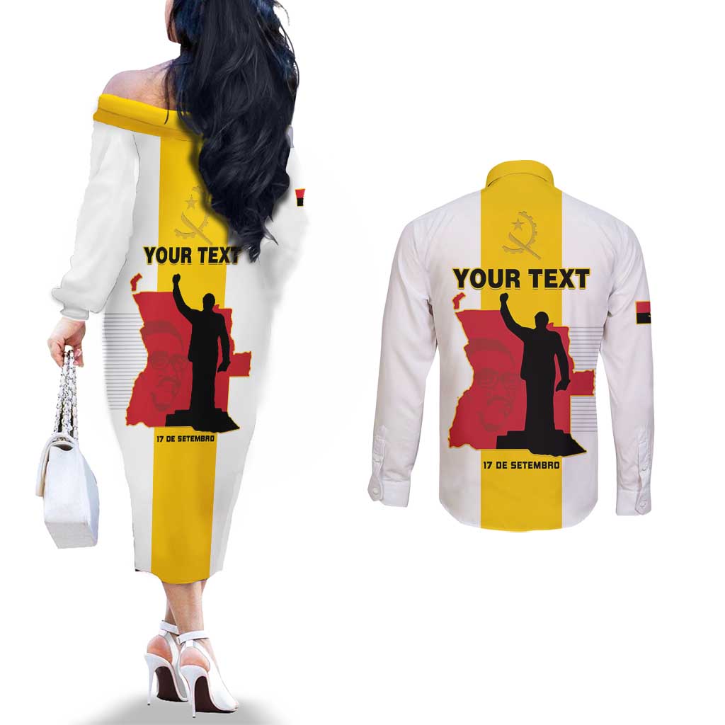 Personalized Angola National Heroes Day Couples Matching Off The Shoulder Long Sleeve Dress and Long Sleeve Button Shirt Agostinho Neto With Map - Wonder Print Shop