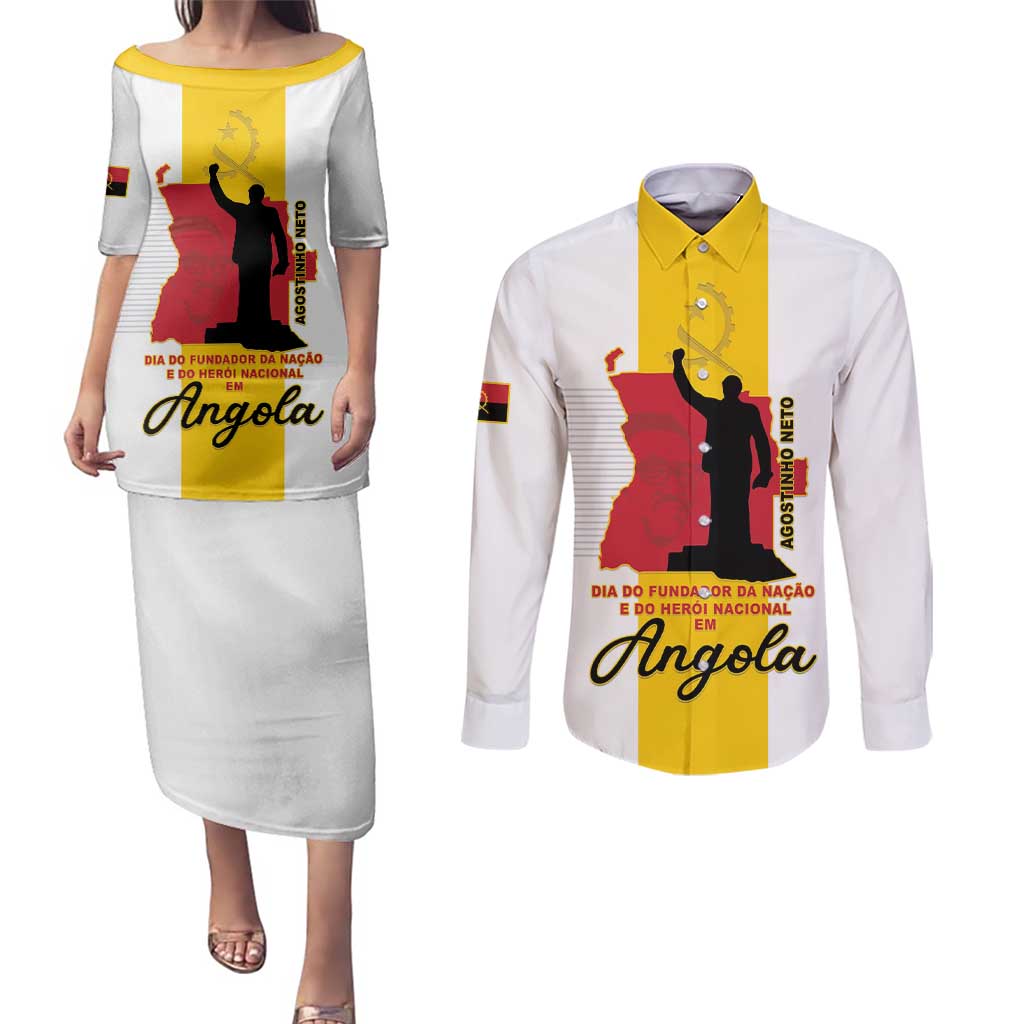 Personalized Angola National Heroes Day Couples Matching Puletasi and Long Sleeve Button Shirt Agostinho Neto With Map - Wonder Print Shop