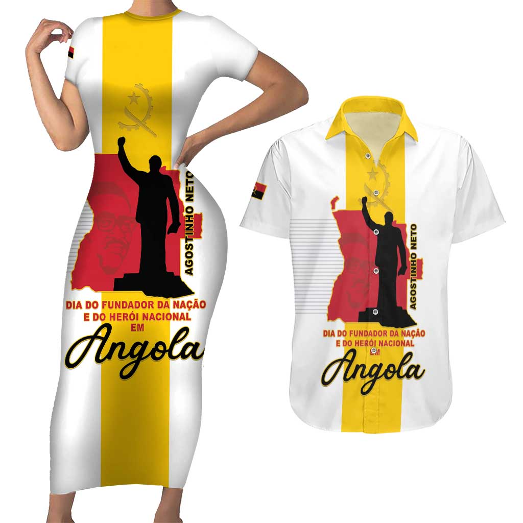 Personalized Angola National Heroes Day Couples Matching Short Sleeve Bodycon Dress and Hawaiian Shirt Agostinho Neto With Map - Wonder Print Shop