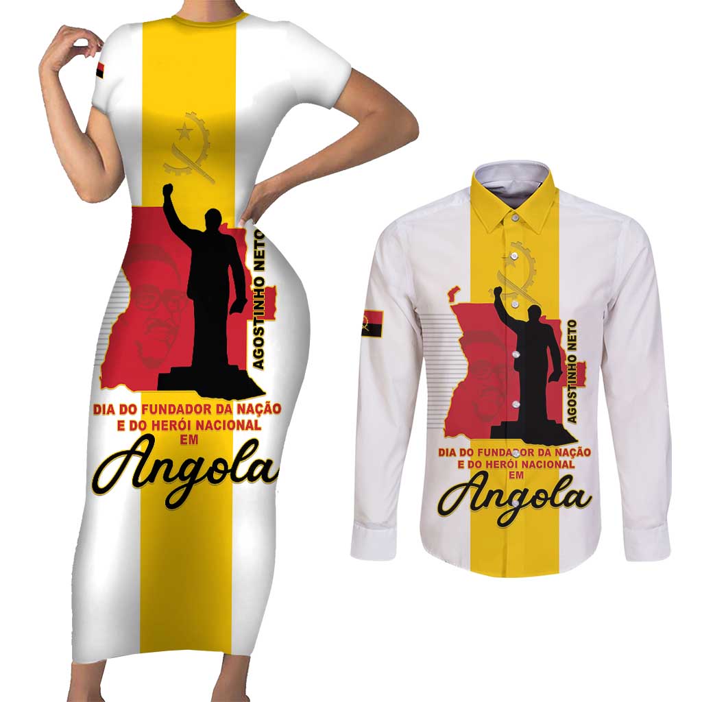 Personalized Angola National Heroes Day Couples Matching Short Sleeve Bodycon Dress and Long Sleeve Button Shirt Agostinho Neto With Map - Wonder Print Shop