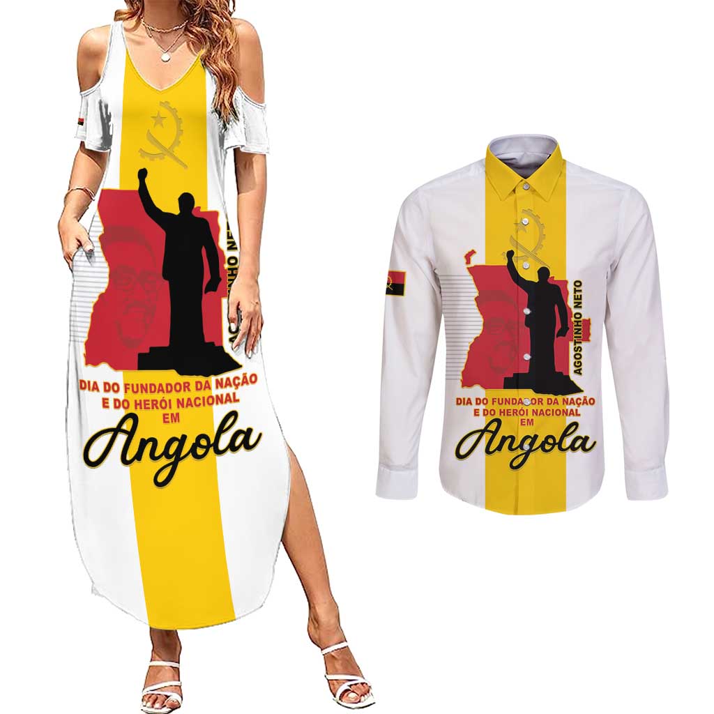 Personalized Angola National Heroes Day Couples Matching Summer Maxi Dress and Long Sleeve Button Shirt Agostinho Neto With Map - Wonder Print Shop