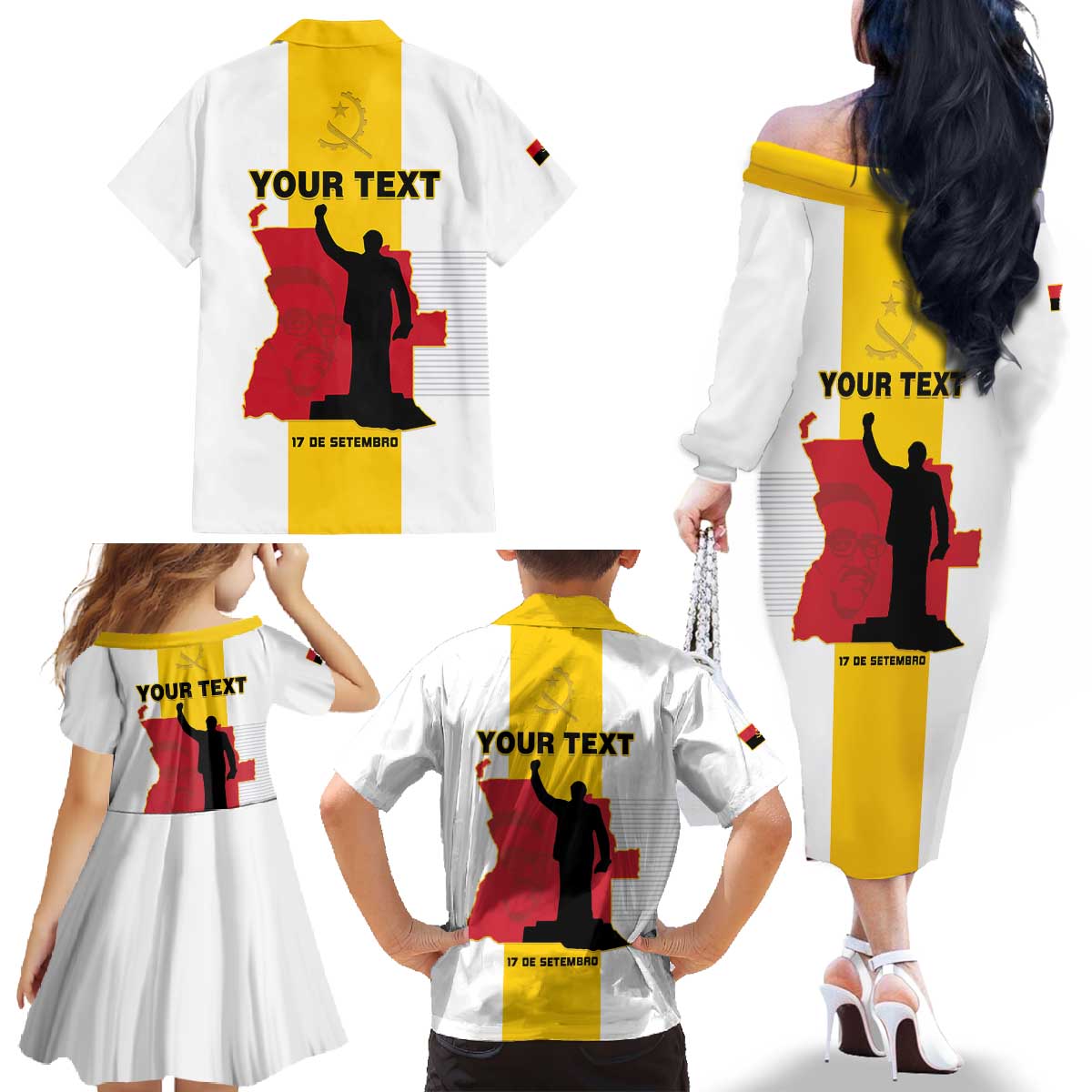 Personalized Angola National Heroes Day Family Matching Off The Shoulder Long Sleeve Dress and Hawaiian Shirt Agostinho Neto With Map - Wonder Print Shop