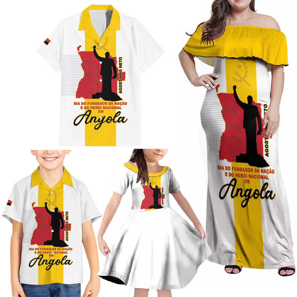 Personalized Angola National Heroes Day Family Matching Off Shoulder Maxi Dress and Hawaiian Shirt Agostinho Neto With Map - Wonder Print Shop