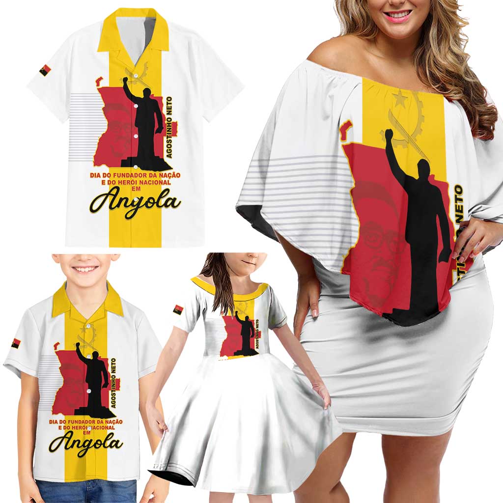 Personalized Angola National Heroes Day Family Matching Off Shoulder Short Dress and Hawaiian Shirt Agostinho Neto With Map - Wonder Print Shop