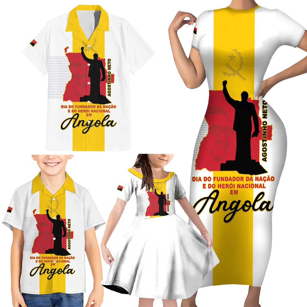 Personalized Angola National Heroes Day Family Matching Short Sleeve Bodycon Dress and Hawaiian Shirt Agostinho Neto With Map - Wonder Print Shop
