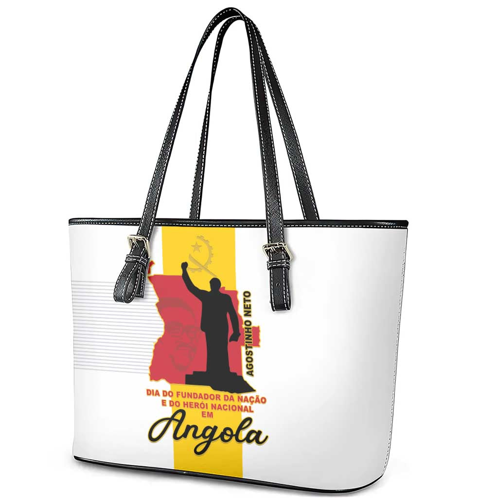 Angola National Heroes Day Leather Tote Bag Agostinho Neto With Map - Wonder Print Shop