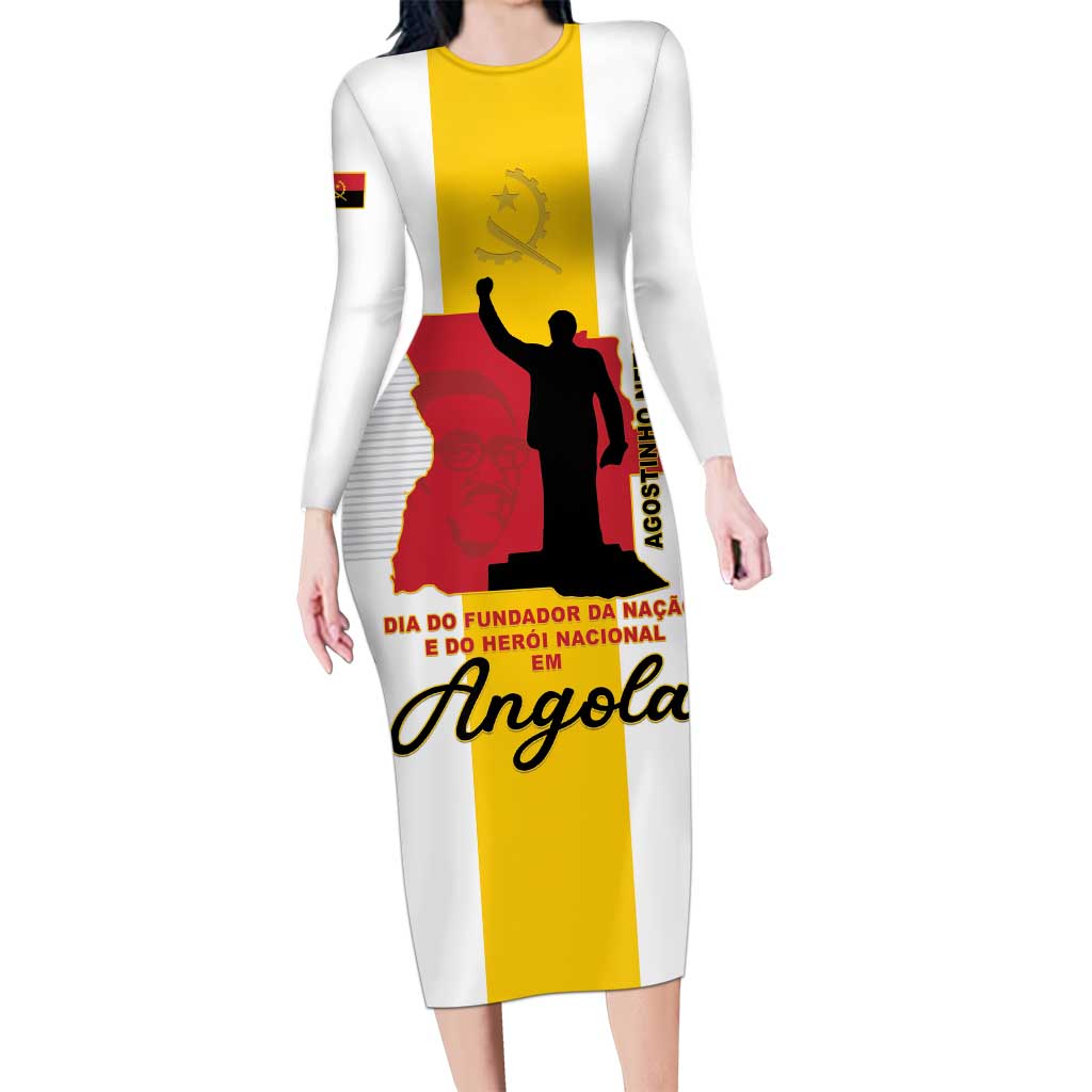 Personalized Angola National Heroes Day Long Sleeve Bodycon Dress Agostinho Neto With Map - Wonder Print Shop