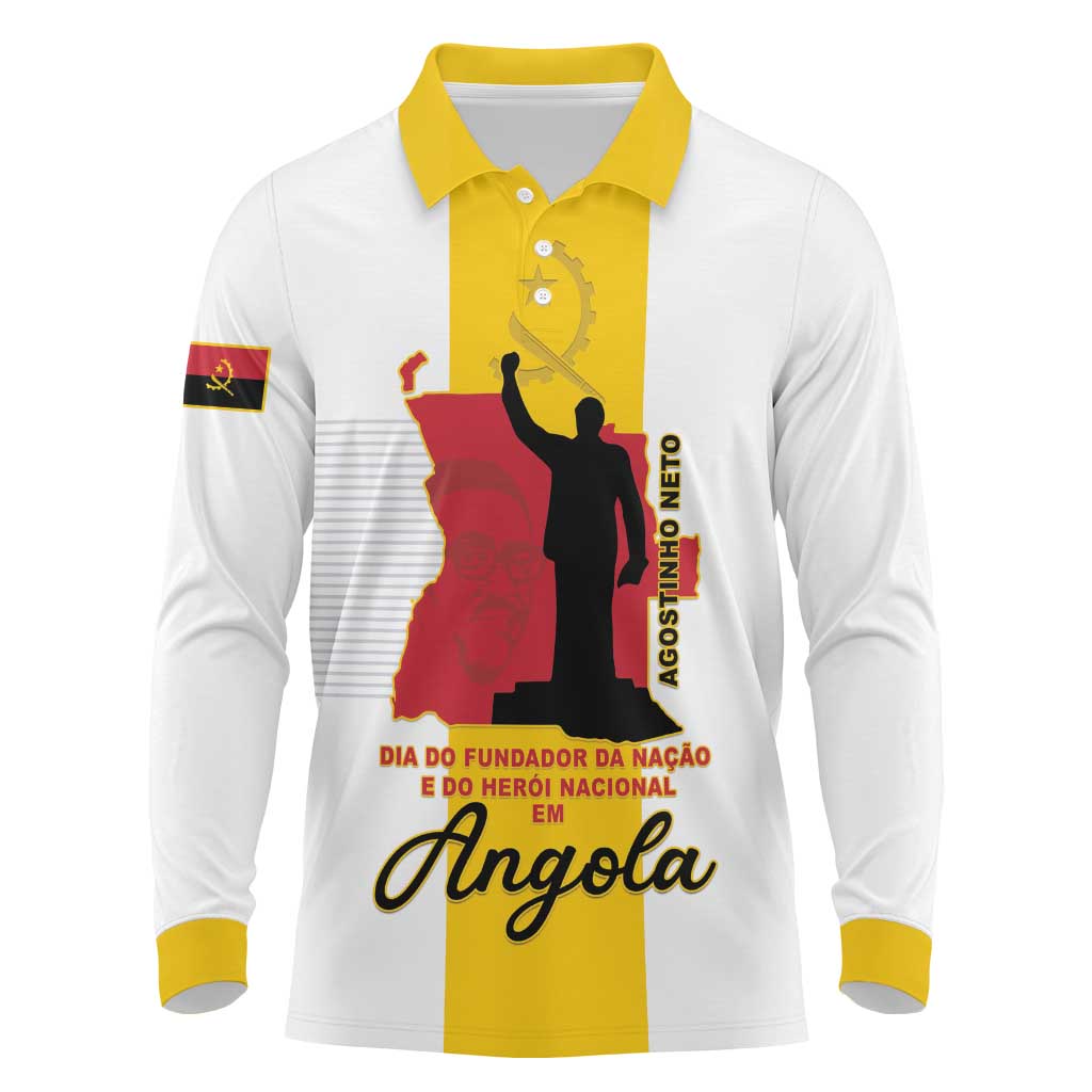 Personalized Angola National Heroes Day Long Sleeve Polo Shirt Agostinho Neto With Map - Wonder Print Shop