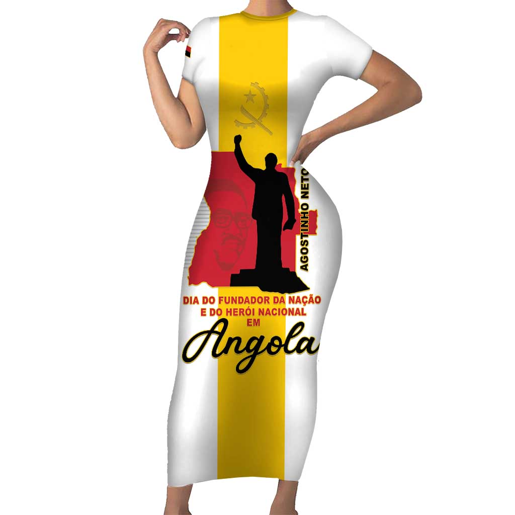 Personalized Angola National Heroes Day Short Sleeve Bodycon Dress Agostinho Neto With Map - Wonder Print Shop