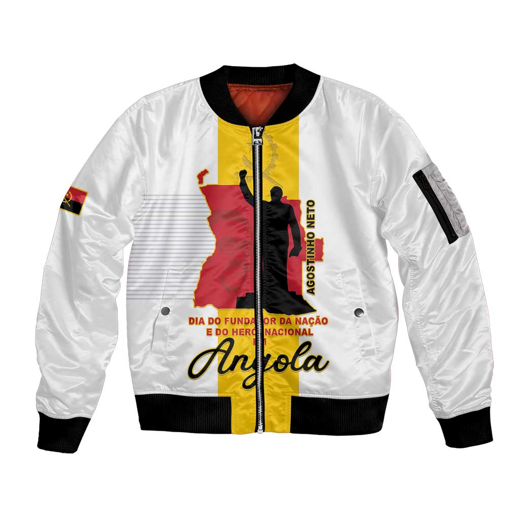 Personalized Angola National Heroes Day Sleeve Zip Bomber Jacket Agostinho Neto With Map - Wonder Print Shop
