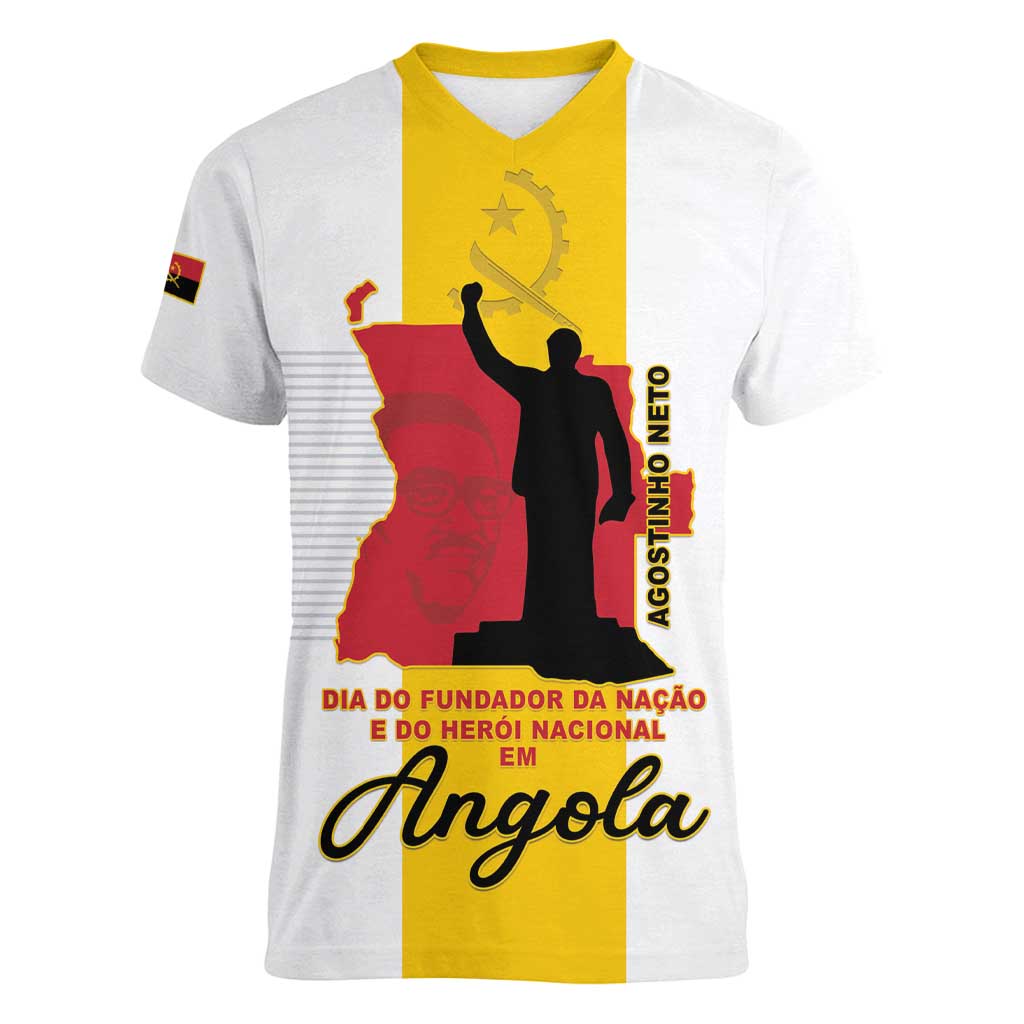 Personalized Angola National Heroes Day Women V-Neck T-Shirt Agostinho Neto With Map - Wonder Print Shop
