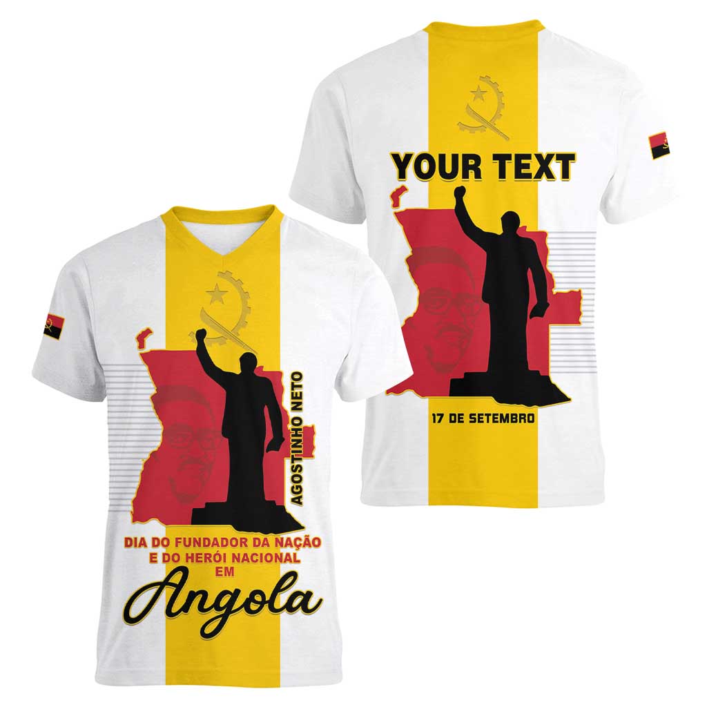 Personalized Angola National Heroes Day Women V-Neck T-Shirt Agostinho Neto With Map - Wonder Print Shop