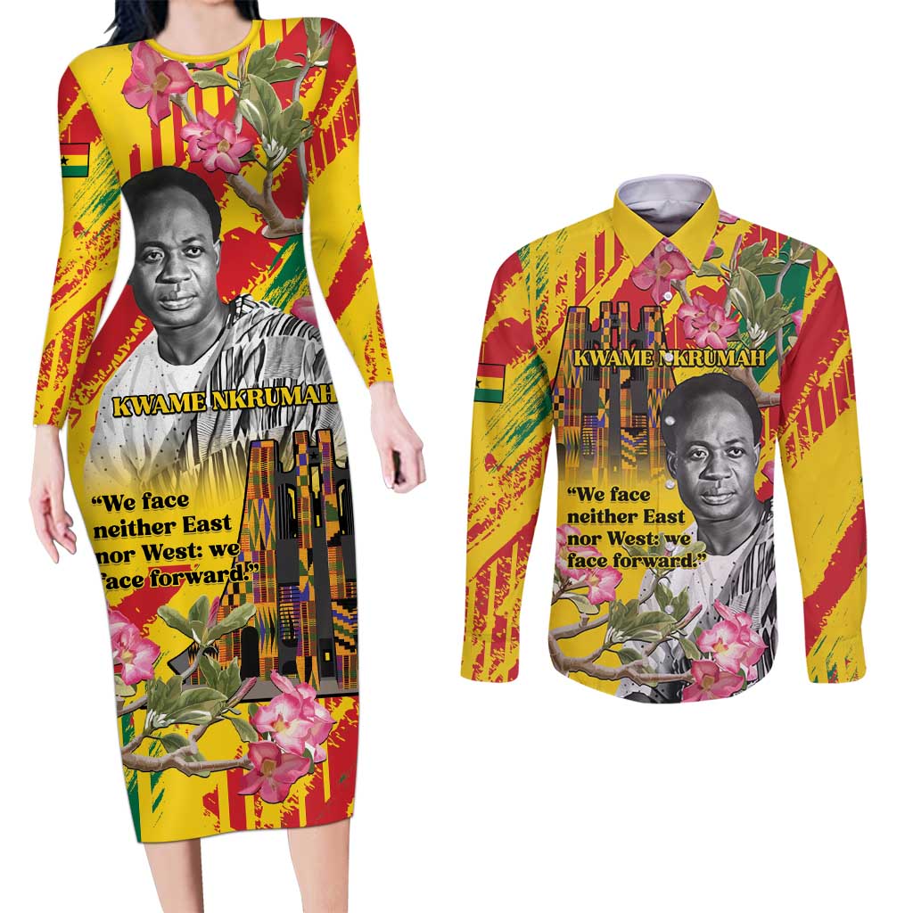 Personalized Ghana Kwame Nkrumah Memorial Day Couples Matching Long Sleeve Bodycon Dress and Long Sleeve Button Shirt With Mausoleum - Wonder Print Shop