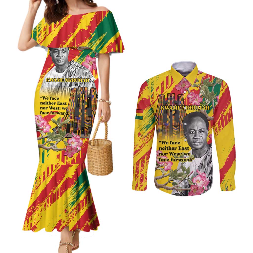 Personalized Ghana Kwame Nkrumah Memorial Day Couples Matching Mermaid Dress and Long Sleeve Button Shirt With Mausoleum - Wonder Print Shop