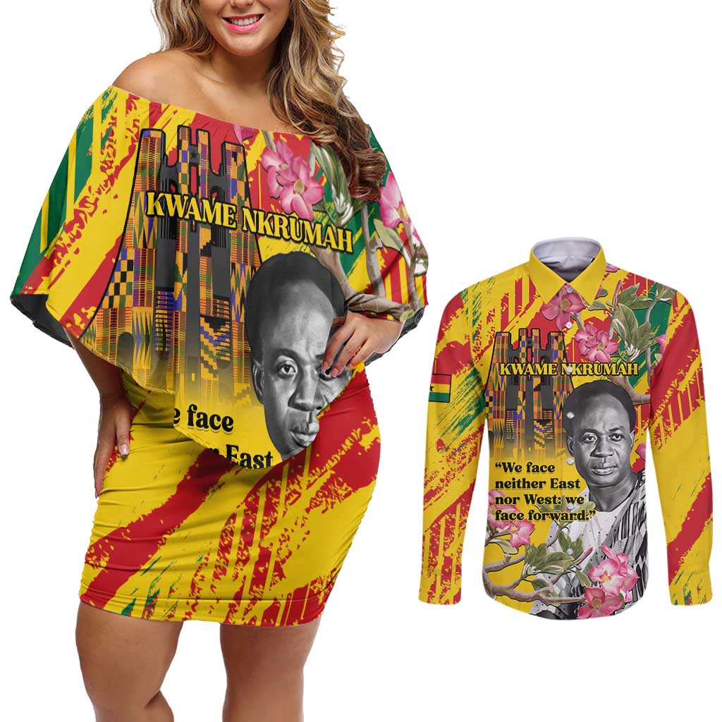 Personalized Ghana Kwame Nkrumah Memorial Day Couples Matching Off Shoulder Short Dress and Long Sleeve Button Shirt With Mausoleum - Wonder Print Shop
