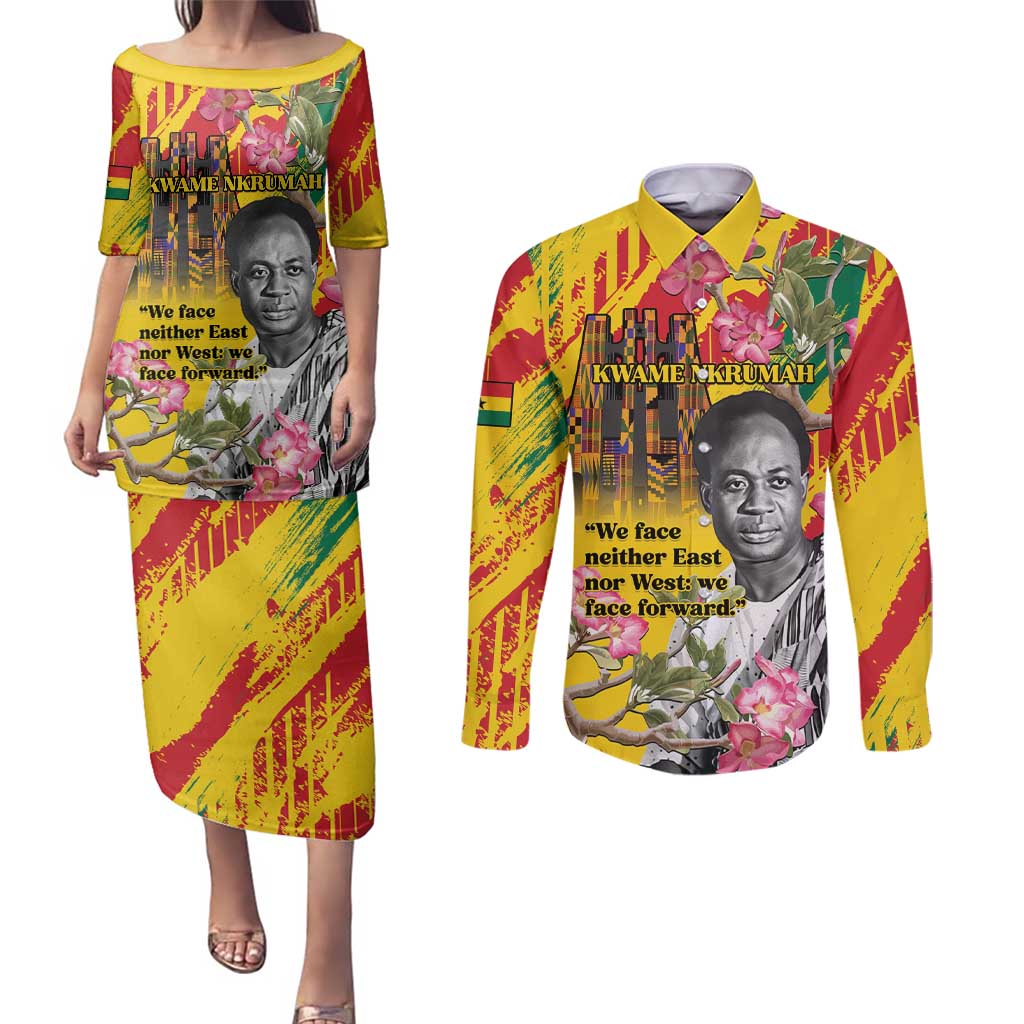 Personalized Ghana Kwame Nkrumah Memorial Day Couples Matching Puletasi and Long Sleeve Button Shirt With Mausoleum - Wonder Print Shop