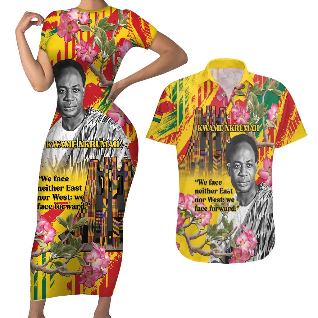 Personalized Ghana Kwame Nkrumah Memorial Day Couples Matching Short Sleeve Bodycon Dress and Hawaiian Shirt With Mausoleum - Wonder Print Shop