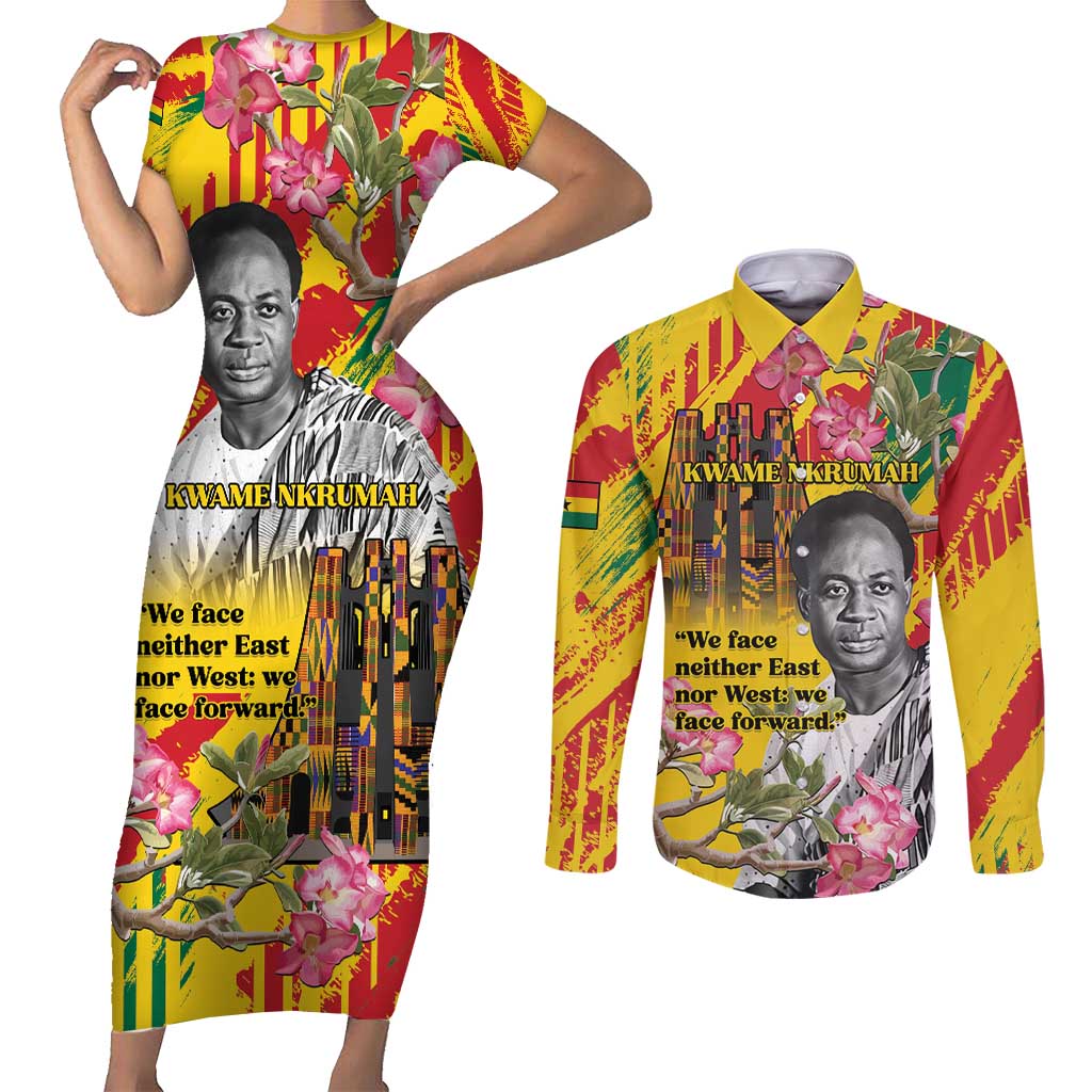 Personalized Ghana Kwame Nkrumah Memorial Day Couples Matching Short Sleeve Bodycon Dress and Long Sleeve Button Shirt With Mausoleum - Wonder Print Shop