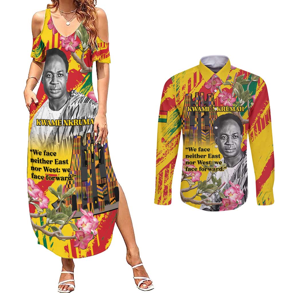 Personalized Ghana Kwame Nkrumah Memorial Day Couples Matching Summer Maxi Dress and Long Sleeve Button Shirt With Mausoleum - Wonder Print Shop