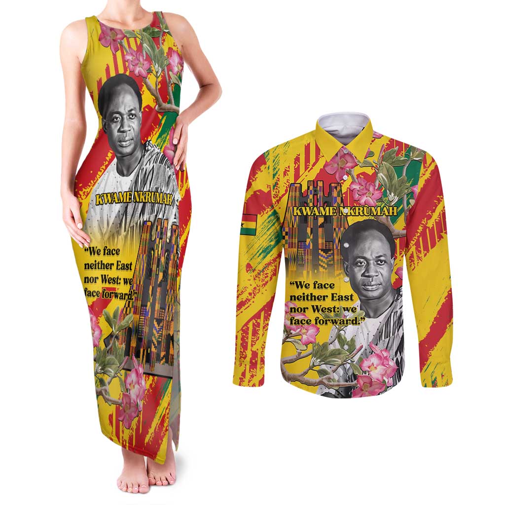Personalized Ghana Kwame Nkrumah Memorial Day Couples Matching Tank Maxi Dress and Long Sleeve Button Shirt With Mausoleum - Wonder Print Shop