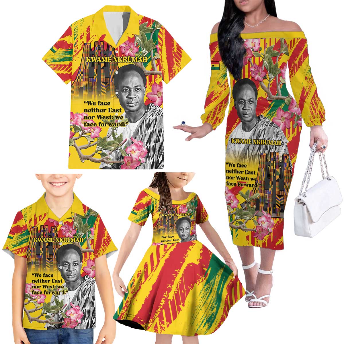 Personalized Ghana Kwame Nkrumah Memorial Day Family Matching Off The Shoulder Long Sleeve Dress and Hawaiian Shirt With Mausoleum - Wonder Print Shop