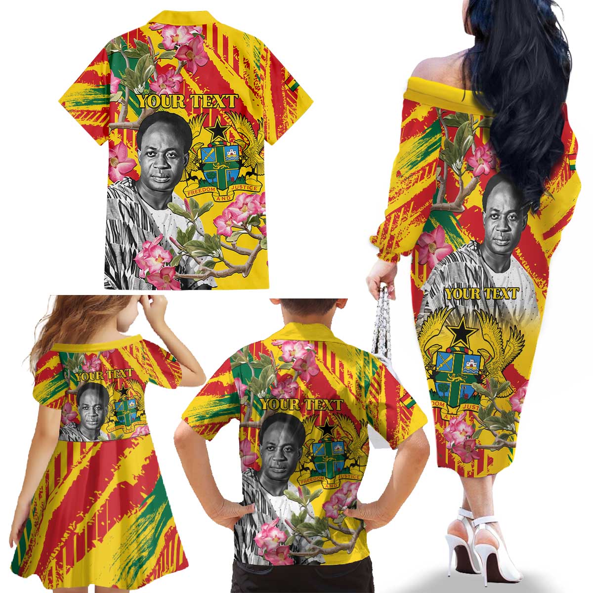 Personalized Ghana Kwame Nkrumah Memorial Day Family Matching Off The Shoulder Long Sleeve Dress and Hawaiian Shirt With Mausoleum - Wonder Print Shop