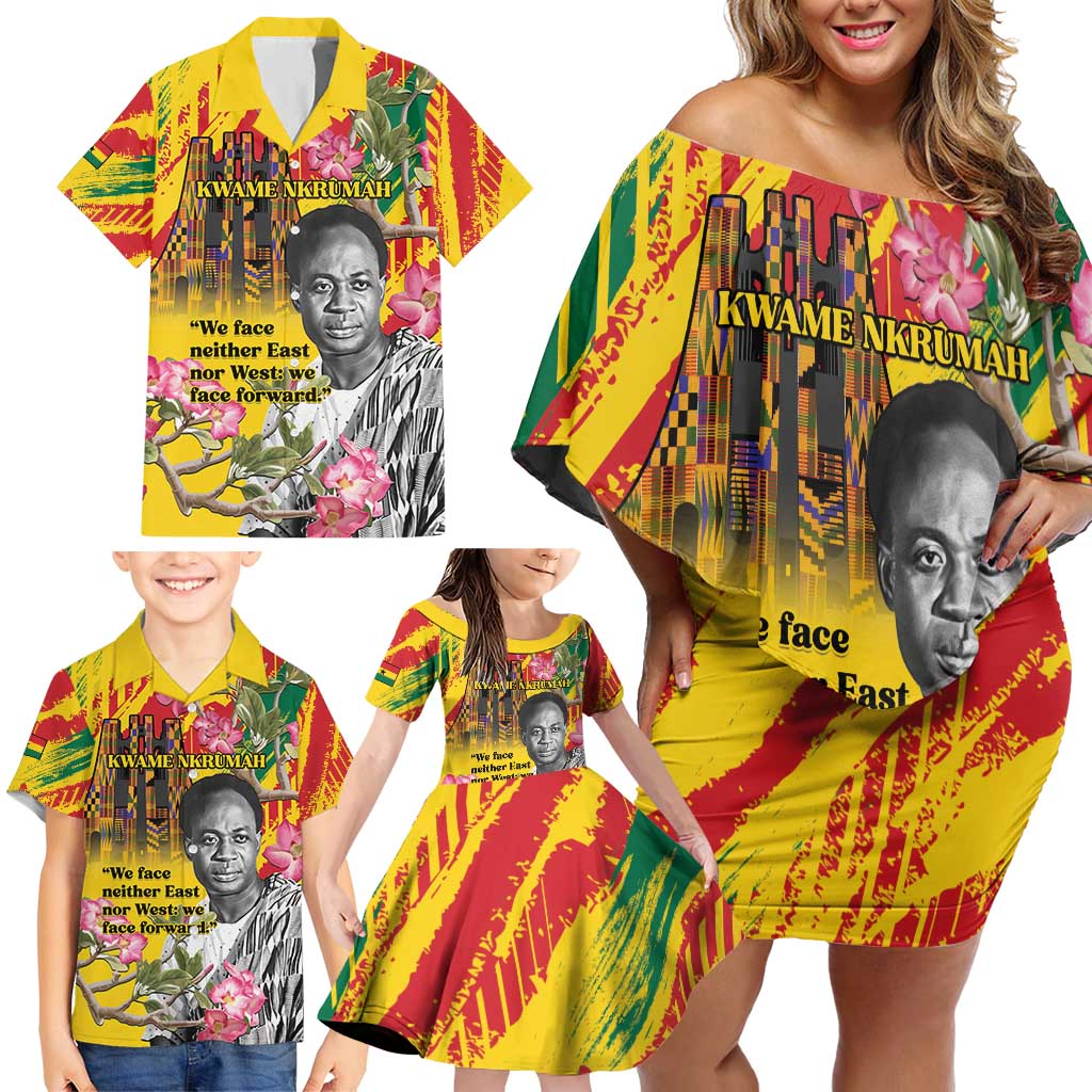 Personalized Ghana Kwame Nkrumah Memorial Day Family Matching Off Shoulder Short Dress and Hawaiian Shirt With Mausoleum - Wonder Print Shop