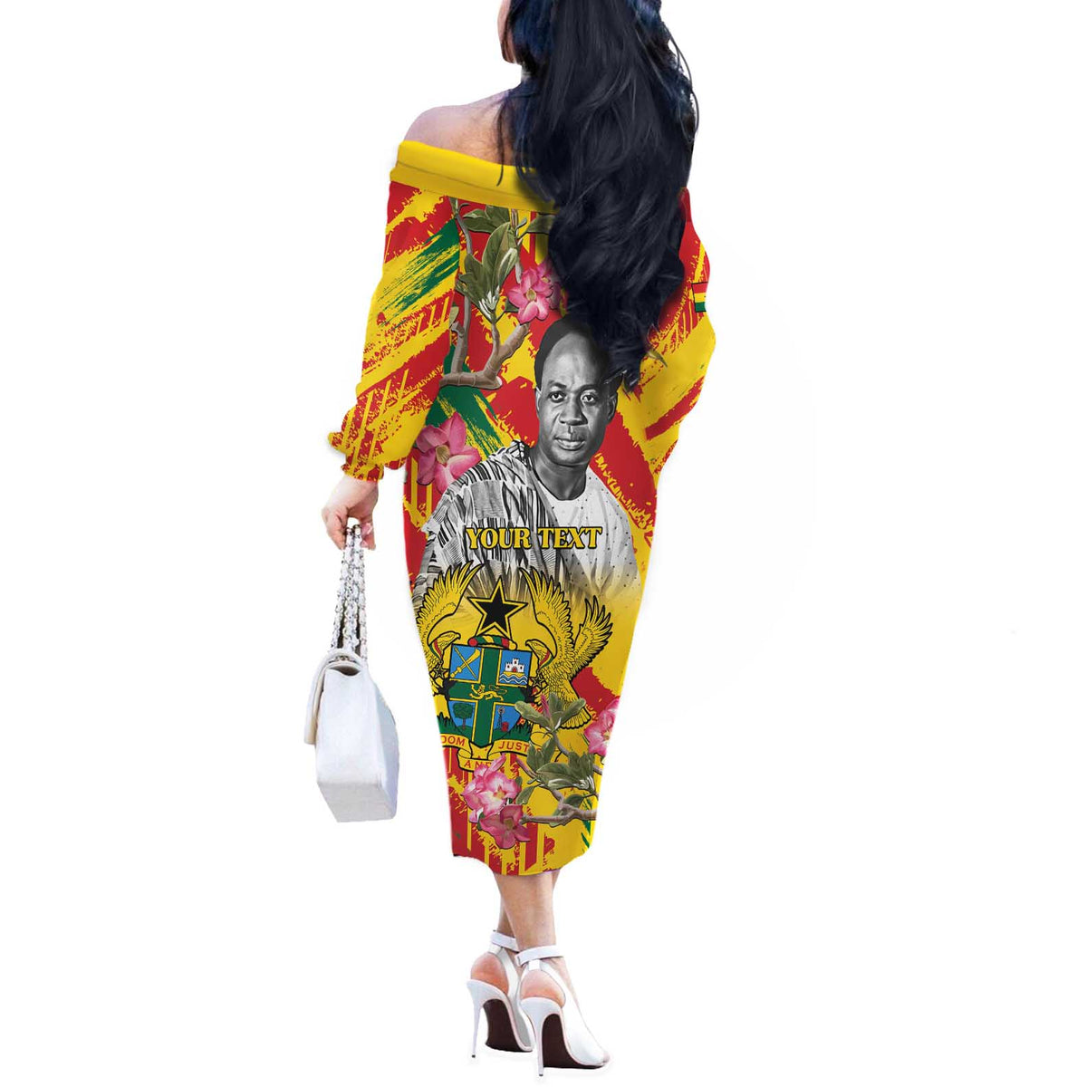Personalized Ghana Kwame Nkrumah Memorial Day Off The Shoulder Long Sleeve Dress With Mausoleum - Wonder Print Shop
