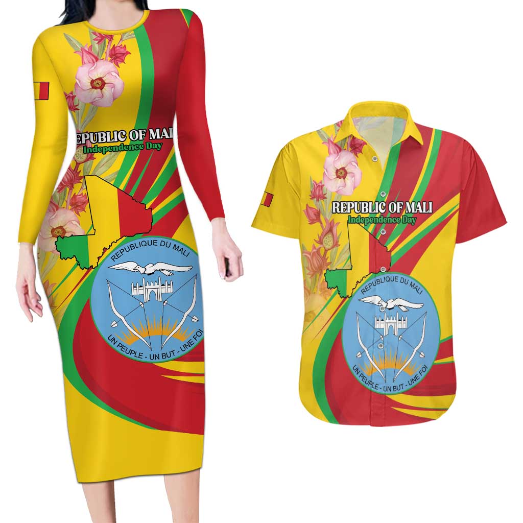 Personalized Mali Independence Day Couples Matching Long Sleeve Bodycon Dress and Hawaiian Shirt Coat Of Arms With Hibiscus Sabdariffa - Wonder Print Shop