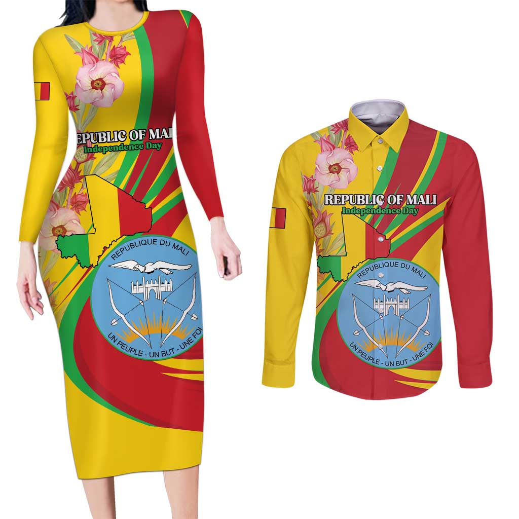Personalized Mali Independence Day Couples Matching Long Sleeve Bodycon Dress and Long Sleeve Button Shirt Coat Of Arms With Hibiscus Sabdariffa - Wonder Print Shop