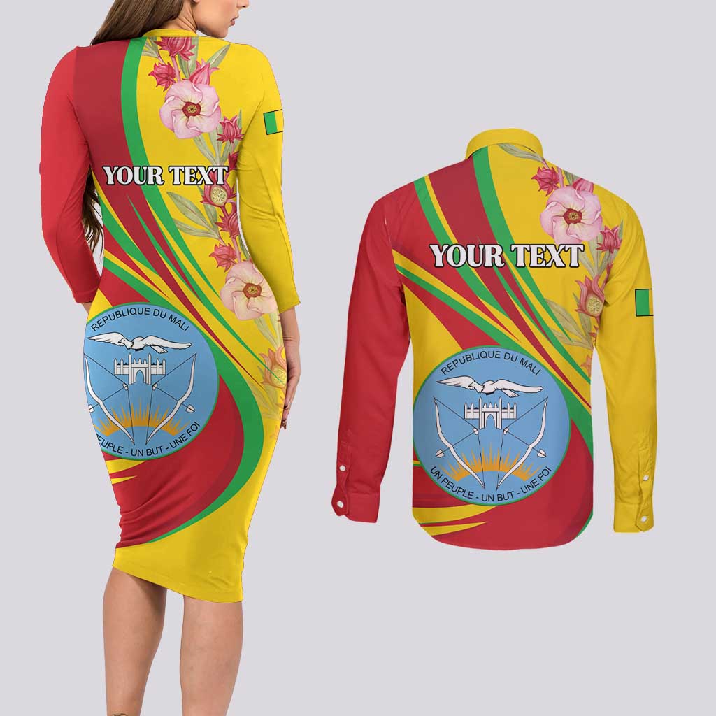 Personalized Mali Independence Day Couples Matching Long Sleeve Bodycon Dress and Long Sleeve Button Shirt Coat Of Arms With Hibiscus Sabdariffa - Wonder Print Shop