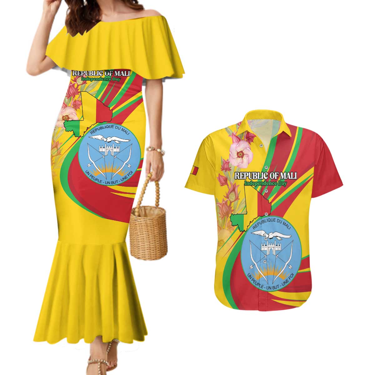Personalized Mali Independence Day Couples Matching Mermaid Dress and Hawaiian Shirt Coat Of Arms With Hibiscus Sabdariffa - Wonder Print Shop