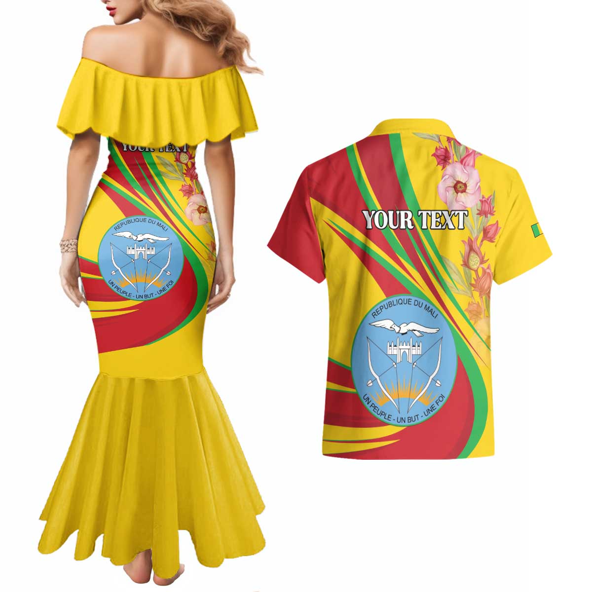Personalized Mali Independence Day Couples Matching Mermaid Dress and Hawaiian Shirt Coat Of Arms With Hibiscus Sabdariffa - Wonder Print Shop