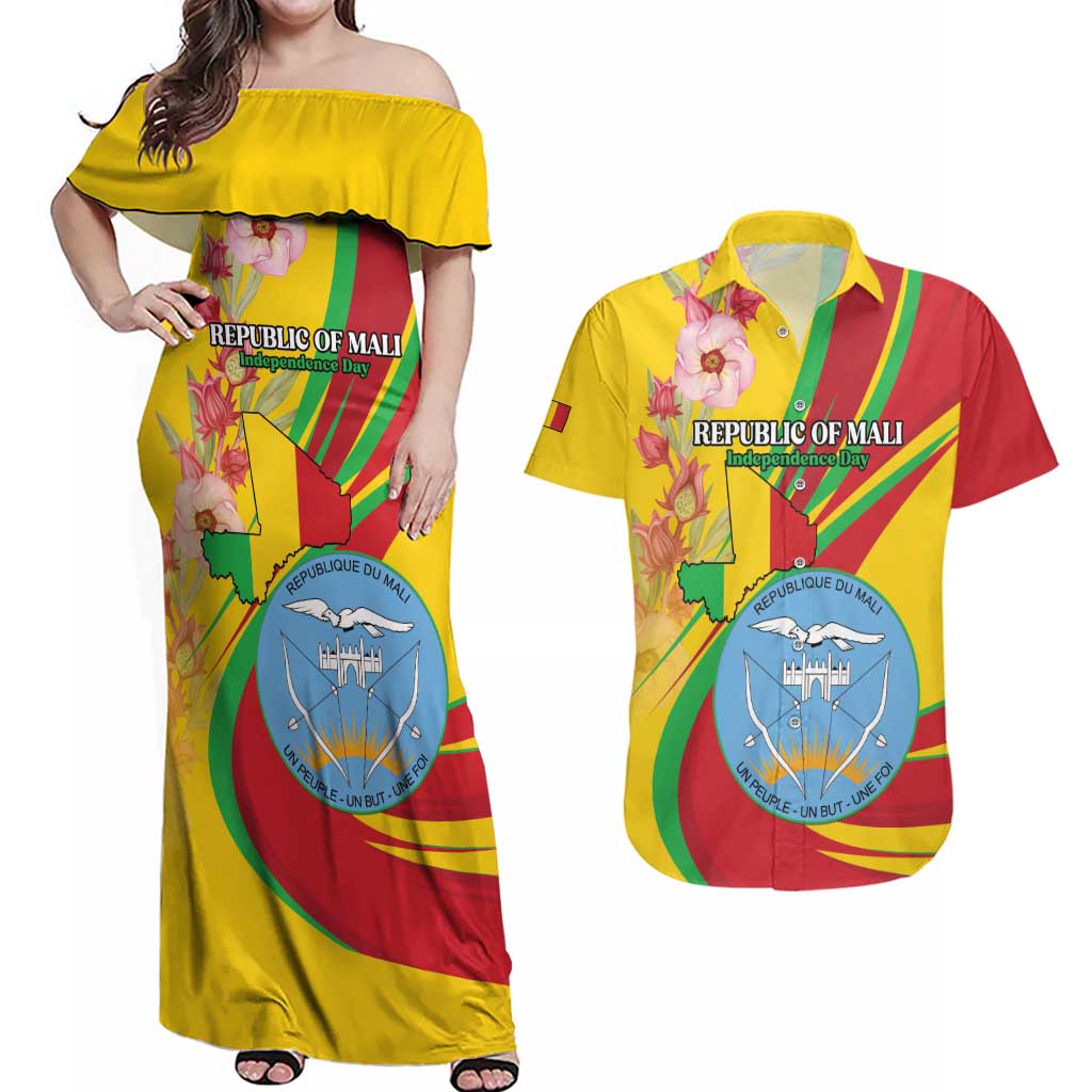 Personalized Mali Independence Day Couples Matching Off Shoulder Maxi Dress and Hawaiian Shirt Coat Of Arms With Hibiscus Sabdariffa - Wonder Print Shop
